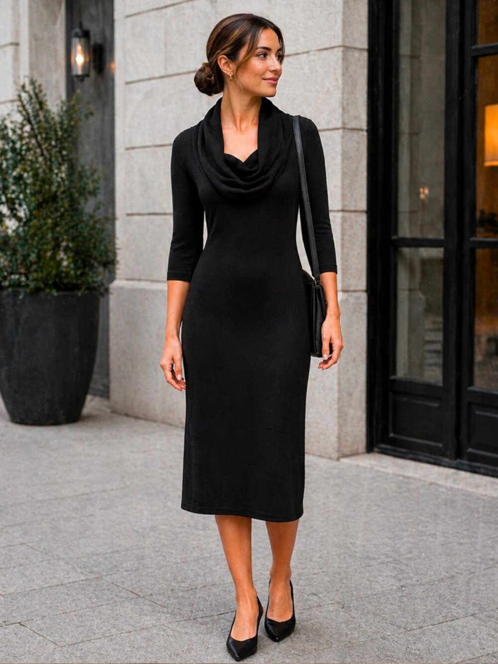 Connected Apparel Black Cowl Neck Sweater Dress Small Long Sleeve NWT